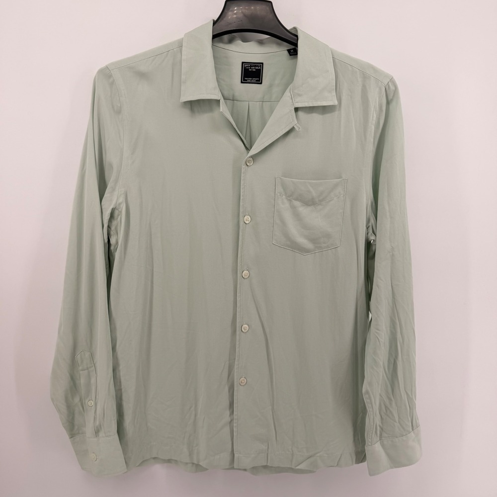 Todd Snyder Shirt Mens Med Green Lyocell Camp Loop Collar Long Sleeve Button Up